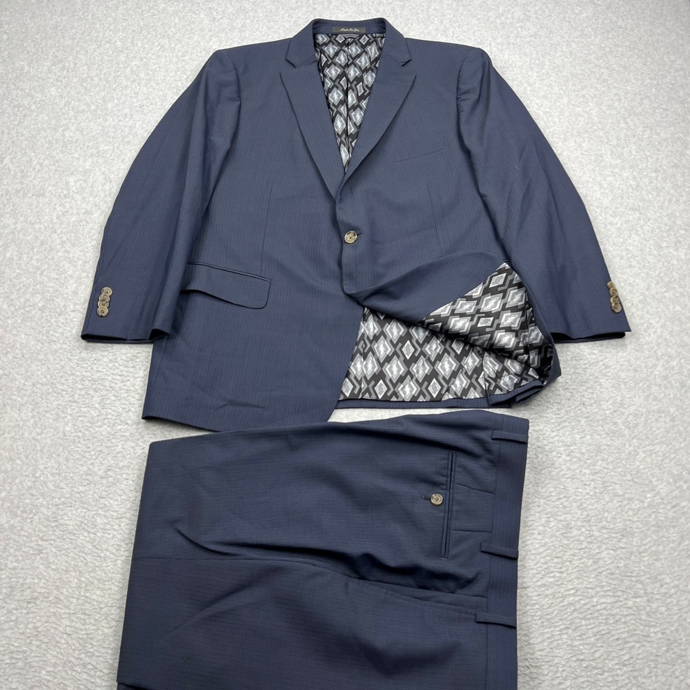 Indochino Suit Men 46R Blue Pinstripe 100% Wool 2-Piece Blazer Jacket Pants